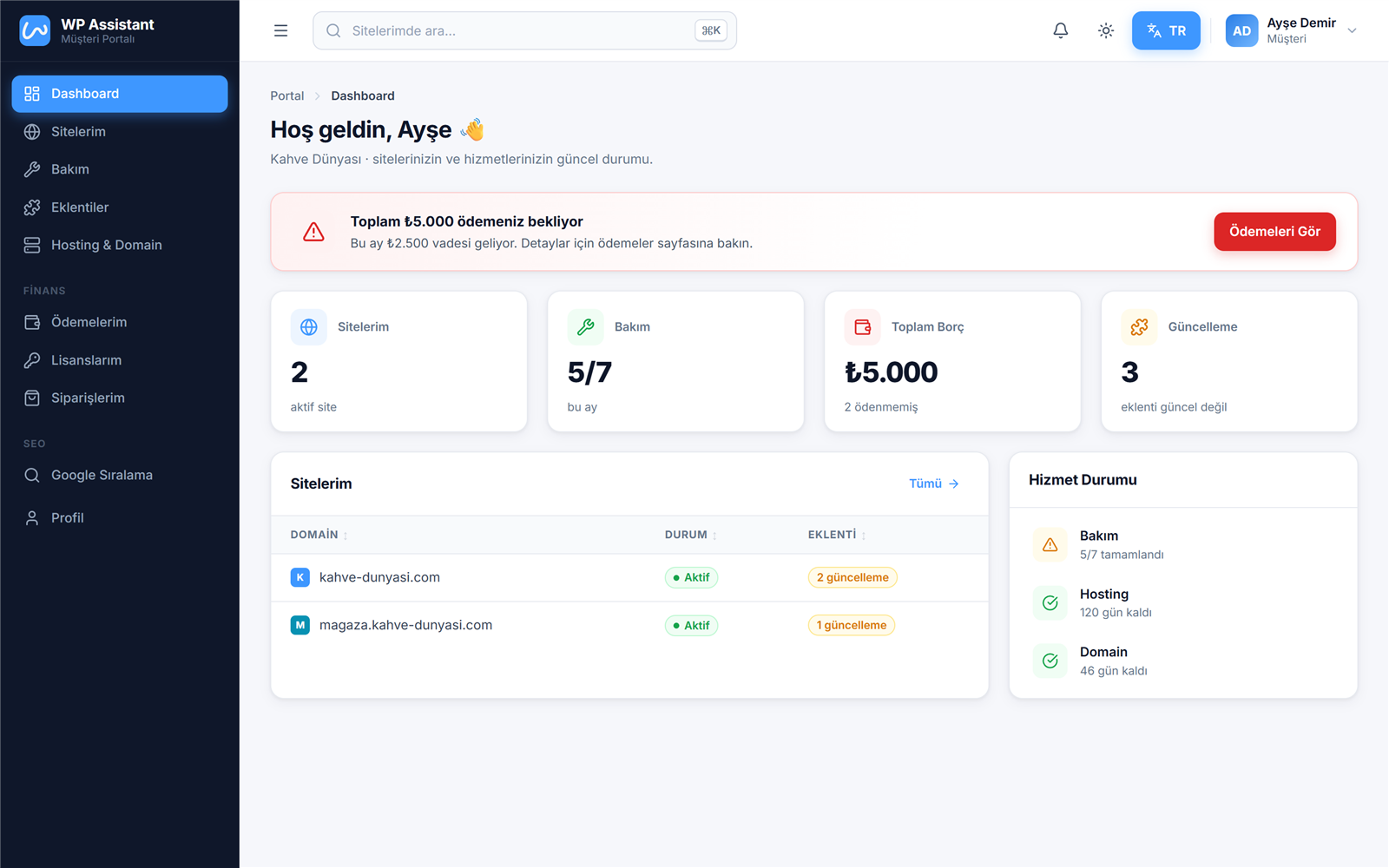 WP Assistant müşteri portalı — demo ekran görüntüsü — Dashboard