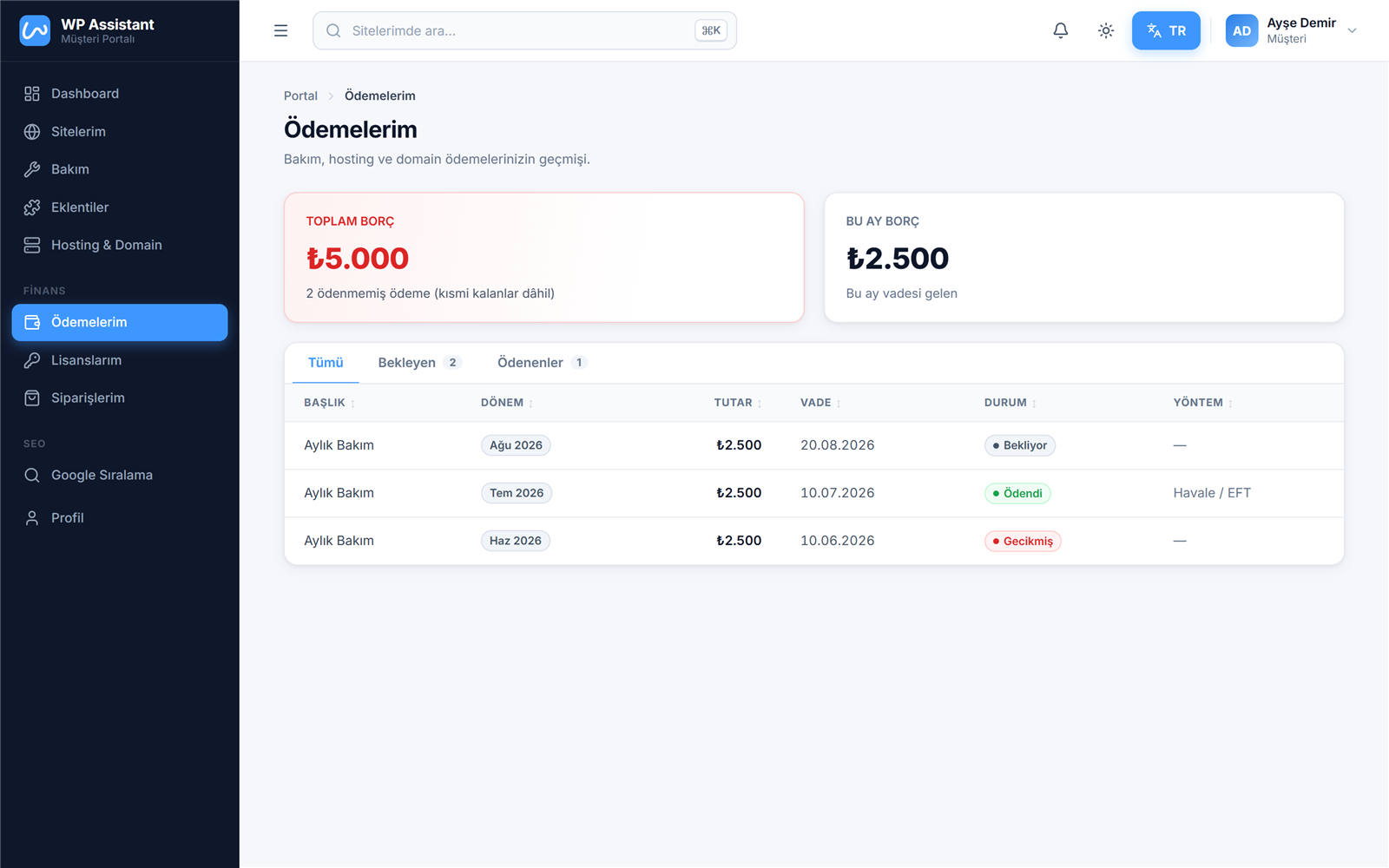 WP Assistant müşteri portalı — demo ekran görüntüsü — Ödemelerim