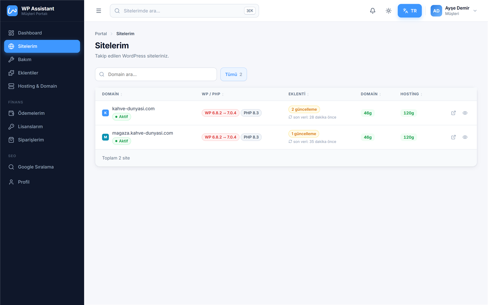 WP Assistant müşteri portalı — demo ekran görüntüsü — Sitelerim