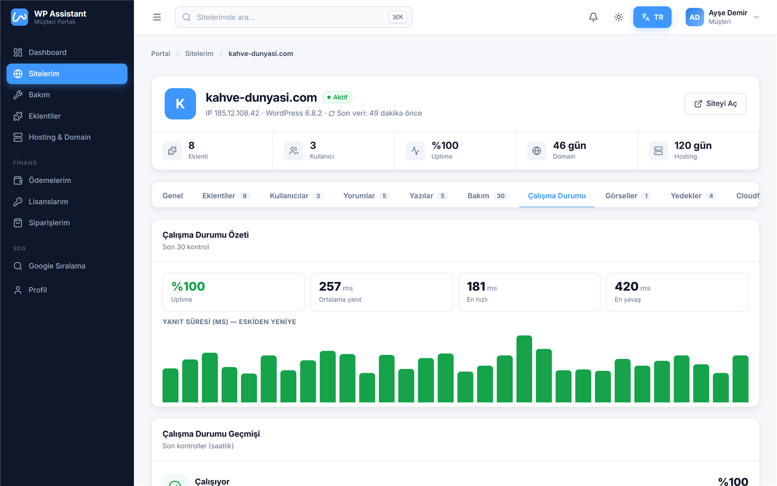 WP Assistant müşteri portalı — demo ekran görüntüsü — Çalışma Durumu