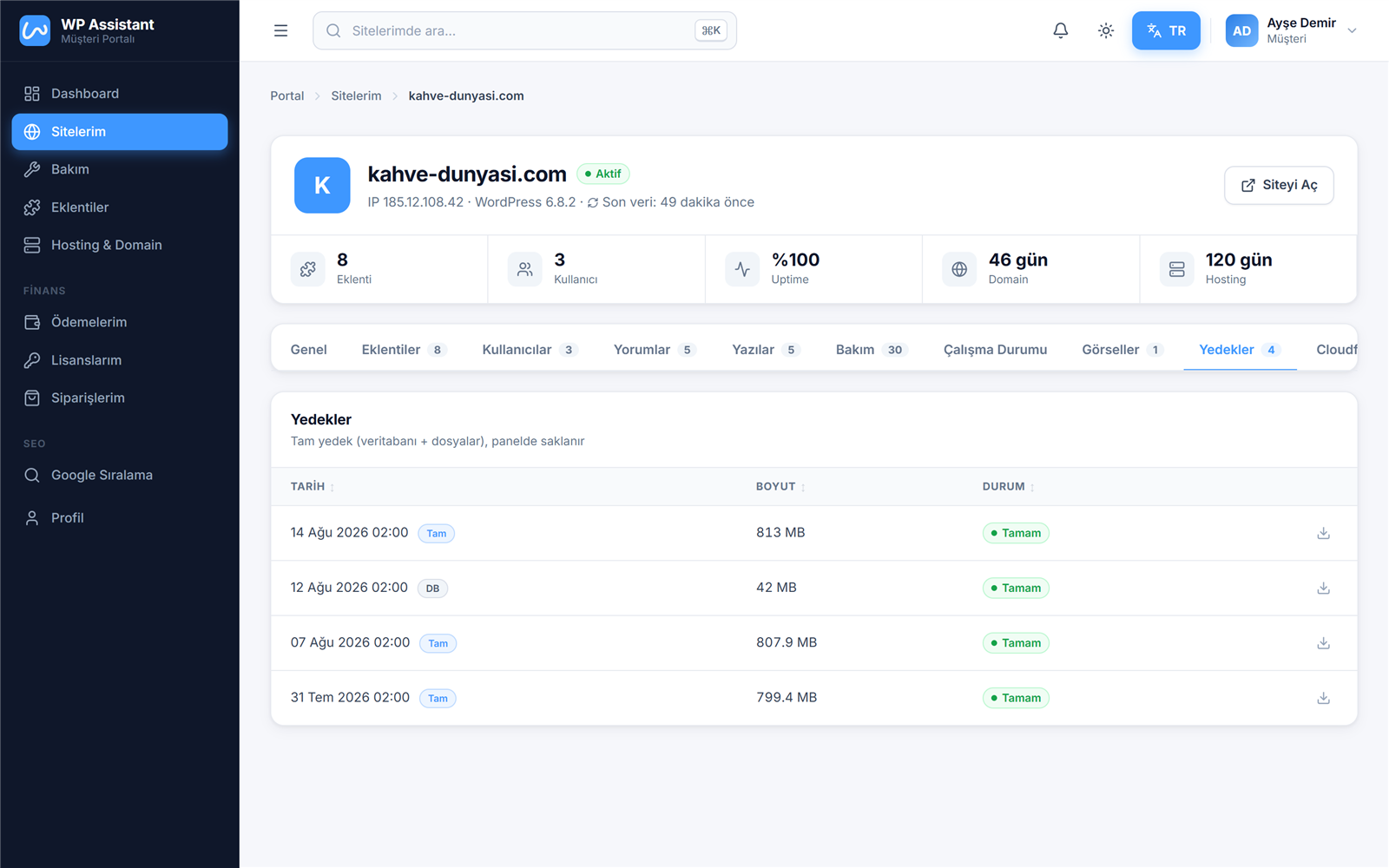 WP Assistant müşteri portalı — demo ekran görüntüsü — Yedekler